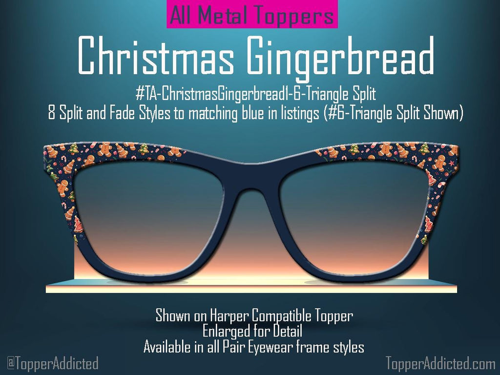 Christmas Gingerbread Pair Eyewear Toppers – Holiday Metal Magnetic Pair Toppers – Gingerbread Man Cookie Candy Cane Xmas Pattern