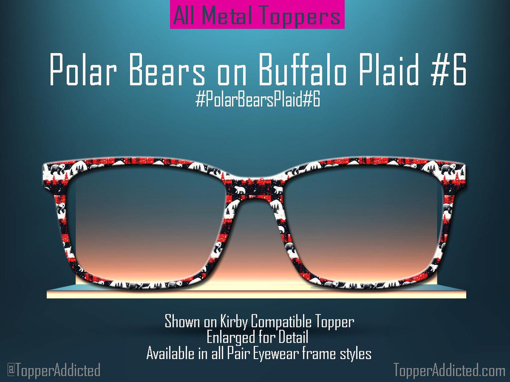 Polar Bears on Buffalo Plaid Glasses Toppers • Red Black White Polar Bear Pattern • Magnetic Metal Toppers for Pair Eyewear | Fast Shipping