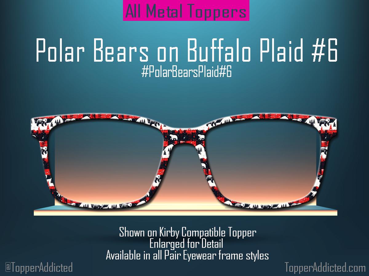 Polar Bears on Buffalo Plaid Glasses Toppers • Red Black White Polar Bear Pattern • Magnetic Metal Toppers for Pair Eyewear | Fast Shipping