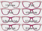 Eight different splits and fades for metal magnetic pair eyewear toppers. These have a Halloween design with pink hearts and pink accents. The hearts have spiderwebs and are surrounded and decorated with tiny little spiders for an alternate look for cute Halloween.