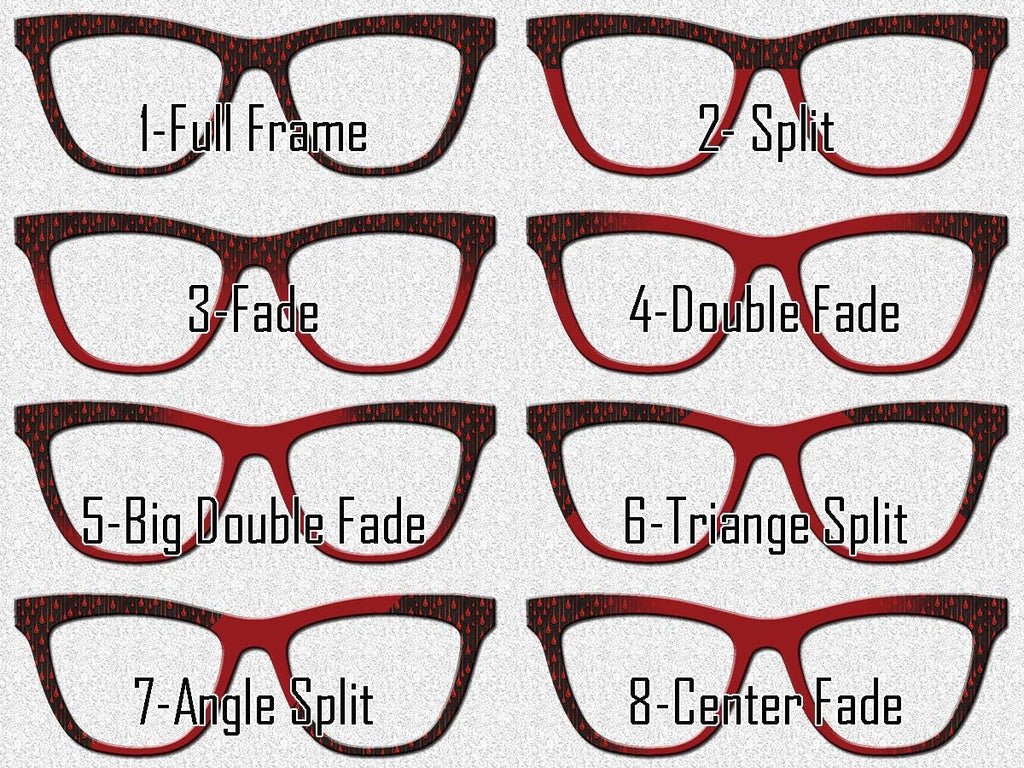 8 different variations of the "Bloodletting" Halloween Topper are shown against a textured white background. This Halloween pattern has a print of droplets of blood oozing down the glasses frames. Options for fades and splits are show. Fades and splits take away some of the pattern for a more subtle Halloween or spooky look. The fades and splits shown are in blood red and include Split, Fade, Double Fade, Big Double Fade, Triangle Split, Angle Split and Center fade for a lot of differe