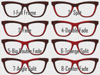 8 different variations of the "Bloodletting" Halloween Topper are shown against a textured white background. This Halloween pattern has a print of droplets of blood oozing down the glasses frames. Options for fades and splits are show. Fades and splits take away some of the pattern for a more subtle Halloween or spooky look. The fades and splits shown are in blood red and include Split, Fade, Double Fade, Big Double Fade, Triangle Split, Angle Split and Center fade for a lot of differe