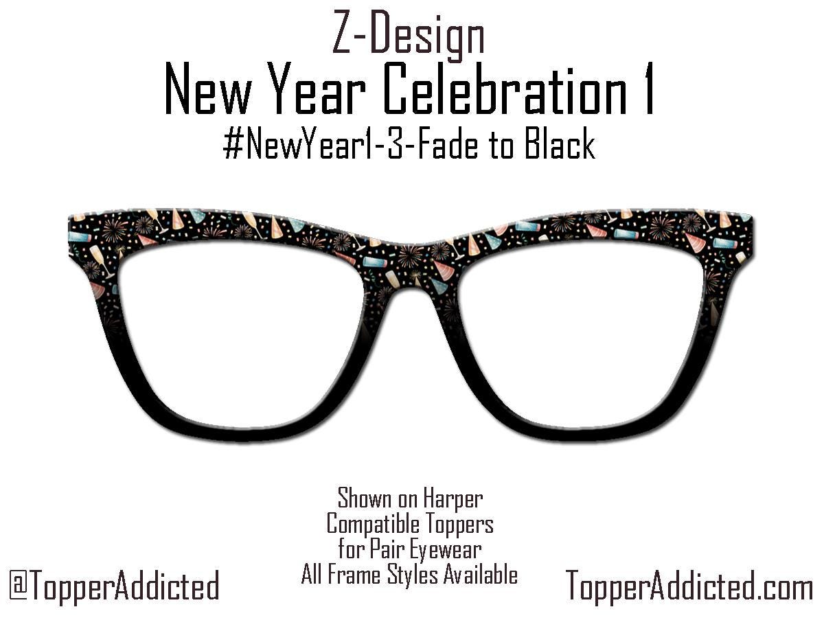 New Year Celebration Topper Pair Eyewear • Metal Magnetic Top Frames • New Years Fireworks and party favors Pattern • 8 Split & Fade Options