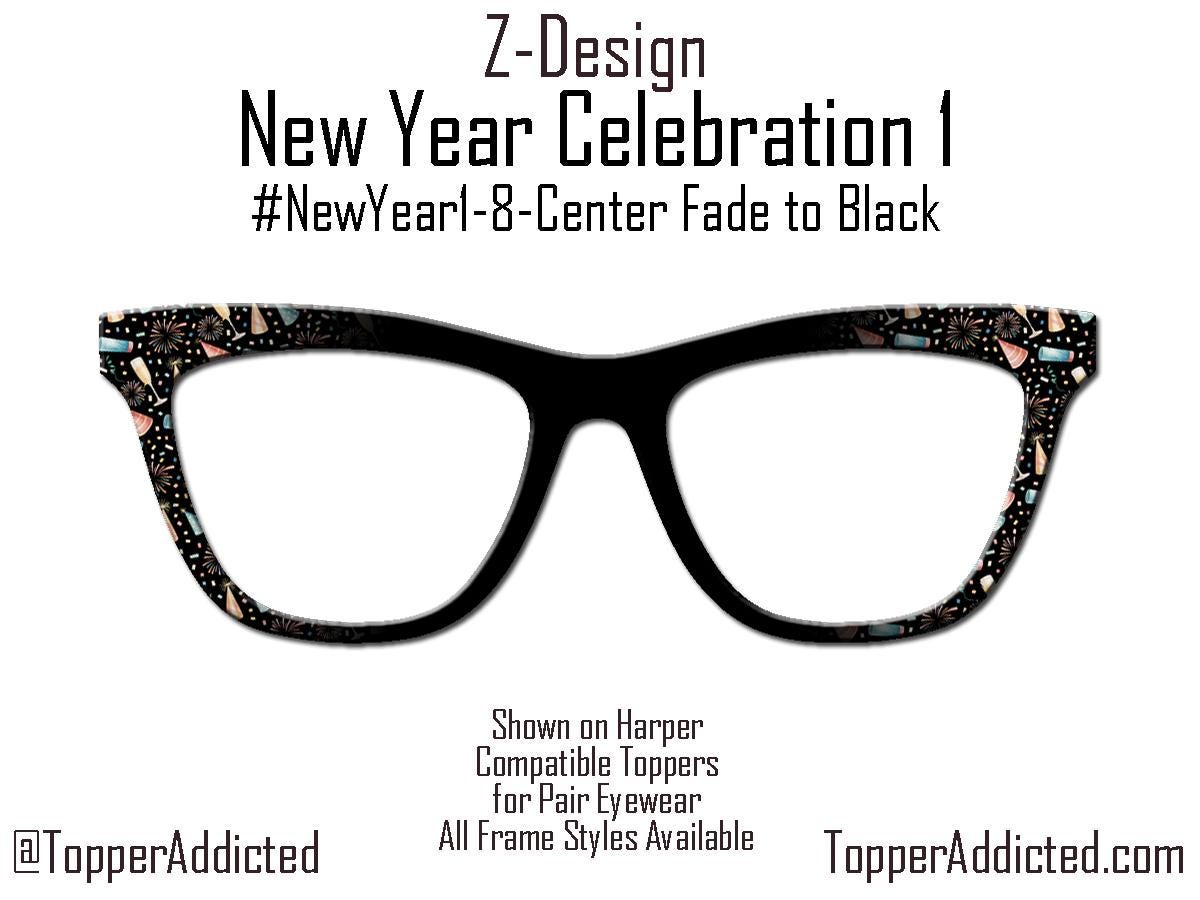 New Year Celebration Topper Pair Eyewear • Metal Magnetic Top Frames • New Years Fireworks and party favors Pattern • 8 Split & Fade Options