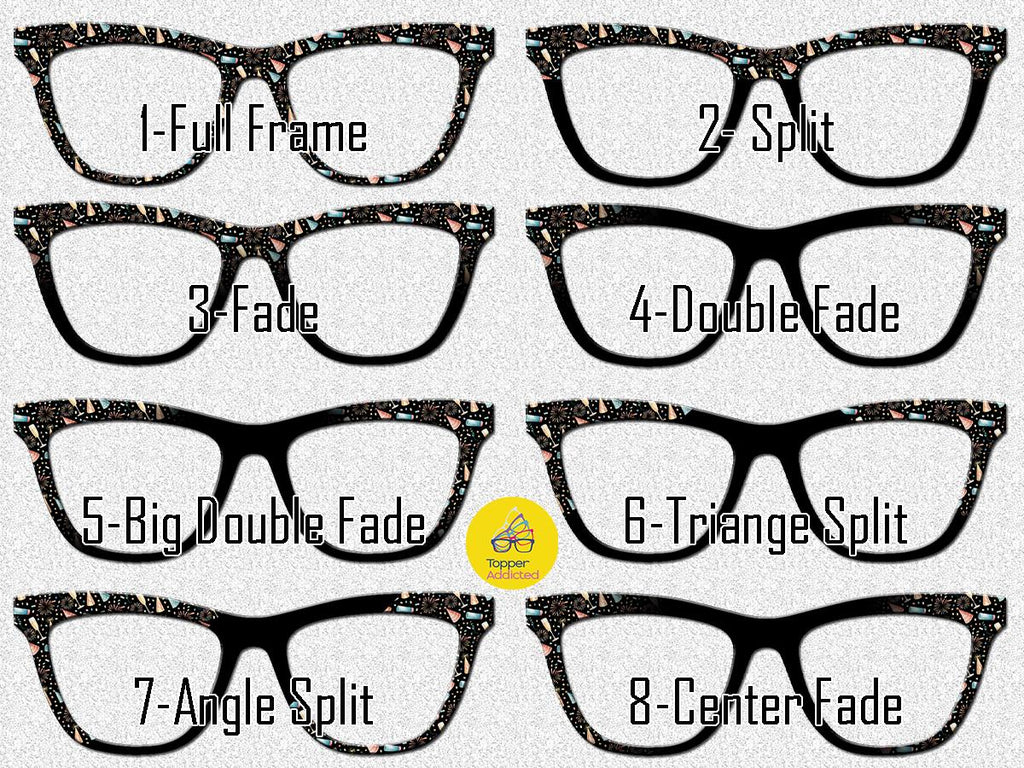 New Year Celebration Topper Pair Eyewear • Metal Magnetic Top Frames • New Years Fireworks and party favors Pattern • 8 Split & Fade Options