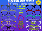 Promotional graphic for the Brook Starter Bundle from Topper Addicted. The image shows 9 pre-selected metal magnetic toppers for Pair Eyewear frames, including Distressed Copper Patina, Line Design, Solid Black, Gradient 1-1, Van Gogh Starry Night, Lucent Shell Tortoiseshell, Kindness Counts with Double Fade, and Blue and Grey Colored Smoke Split. Text highlights ‘11 metal toppers for $125,’ a free bonus mystery topper, & option for customers to choose 2 additional toppers from sixteen designs.