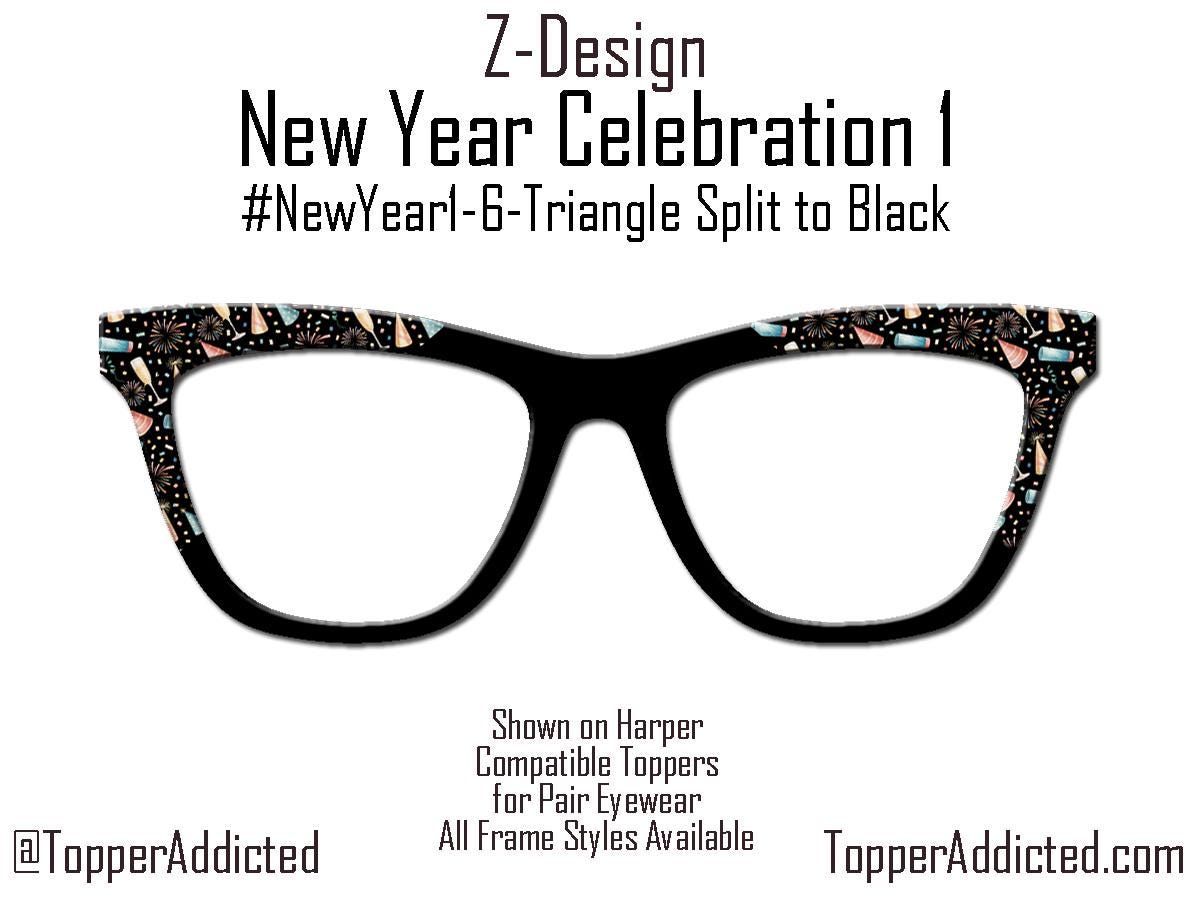 New Year Celebration Topper Pair Eyewear • Metal Magnetic Top Frames • New Years Fireworks and party favors Pattern • 8 Split & Fade Options