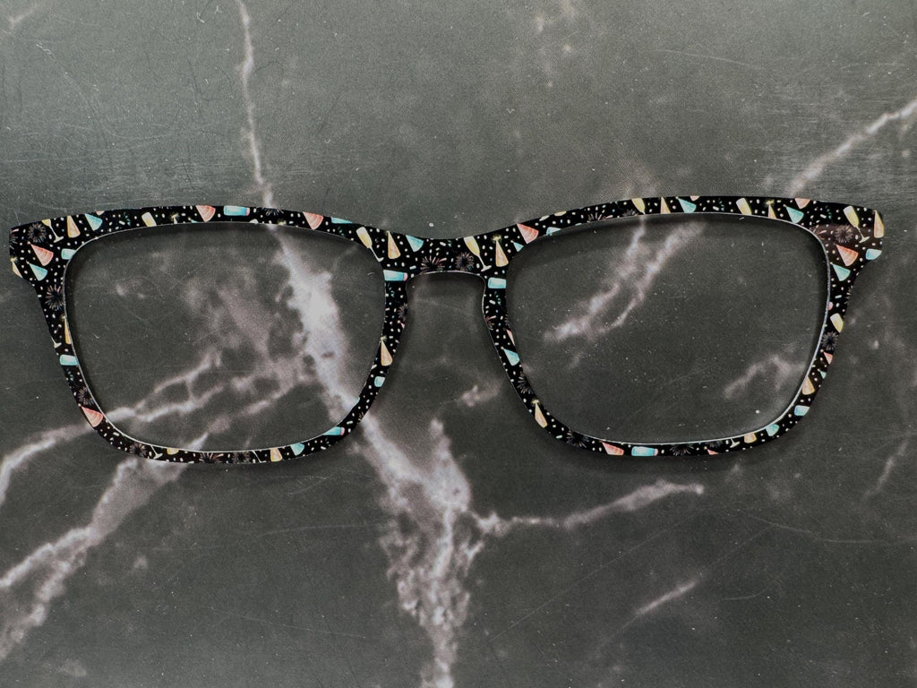 New Year Celebration Topper Pair Eyewear • Metal Magnetic Top Frames • New Years Fireworks and party favors Pattern • 8 Split & Fade Options