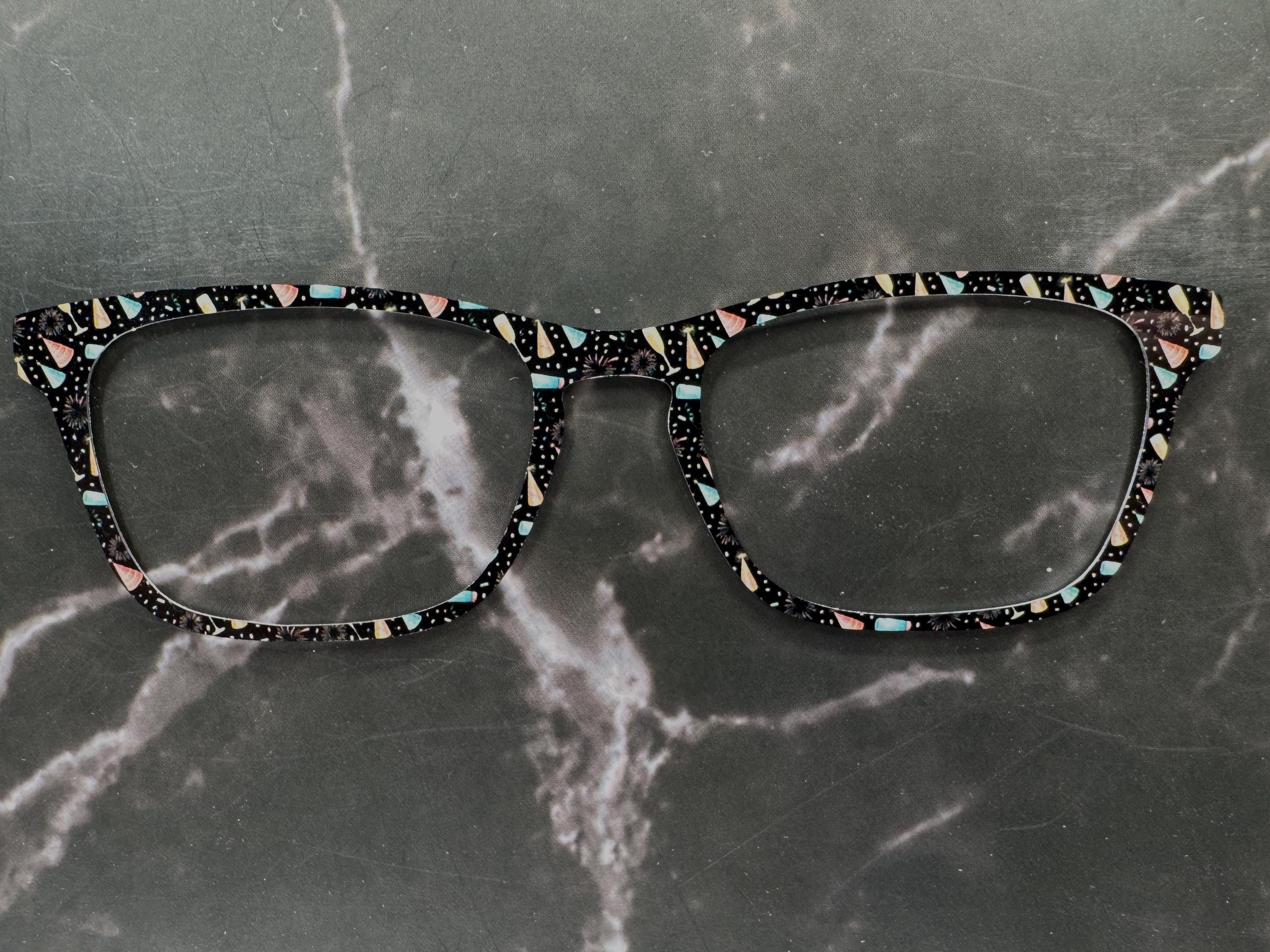 New Year Celebration Topper Pair Eyewear • Metal Magnetic Top Frames • New Years Fireworks and party favors Pattern • 8 Split & Fade Options