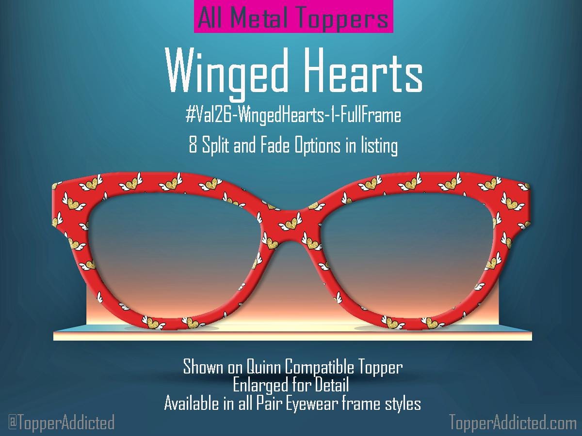 Winged Hearts Magnetic Topper – Gold Glitter Hearts on Red | Pair Eyewear Compatible Valentine Topper