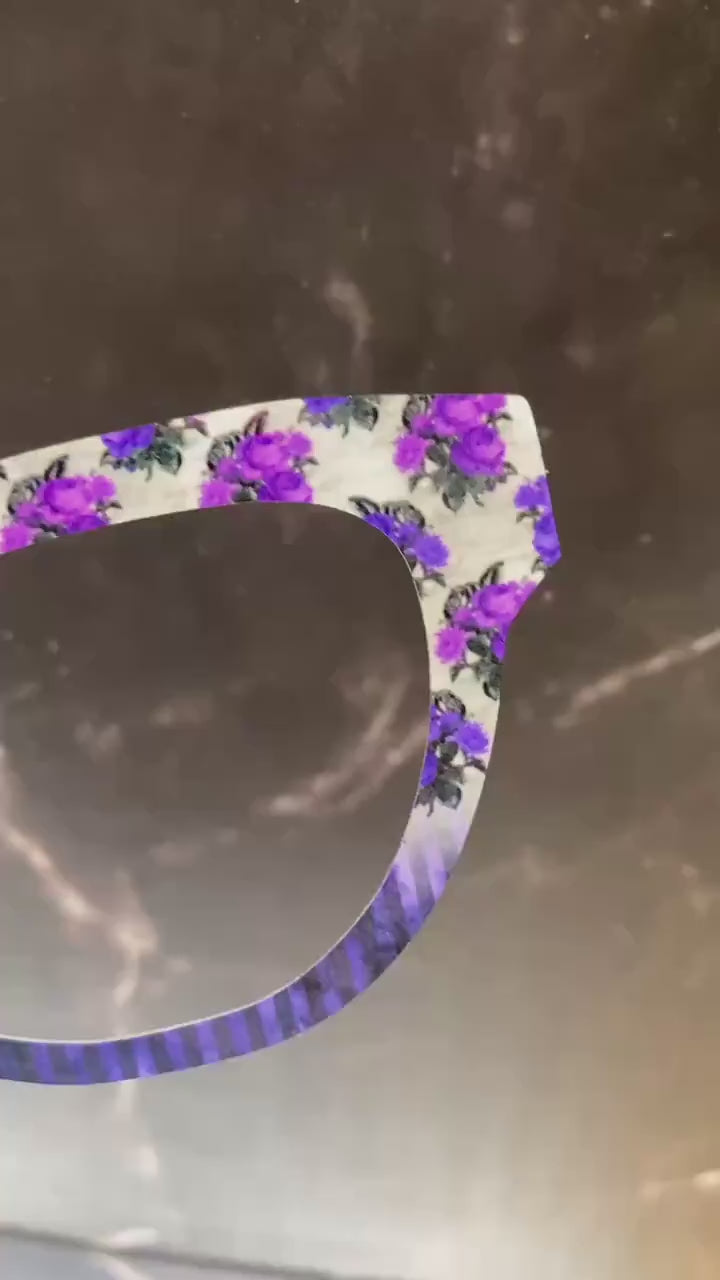 Vintage purple floral glasses toppers for Pair Eyewear with striped fade and split options in all metal magnetic custom frame toppers